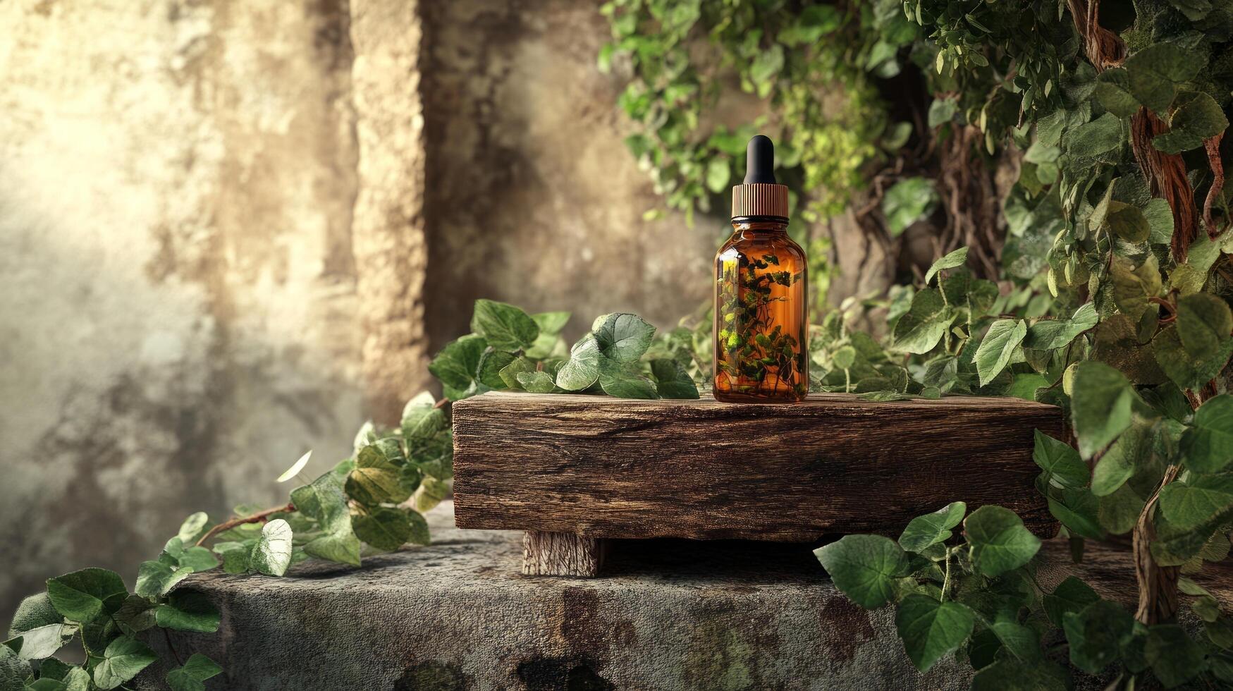 A bottle of essential oil sits on a wooden block photo