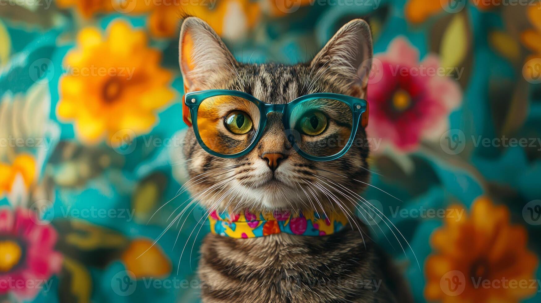 A cat wearing glasses on a colorful background photo