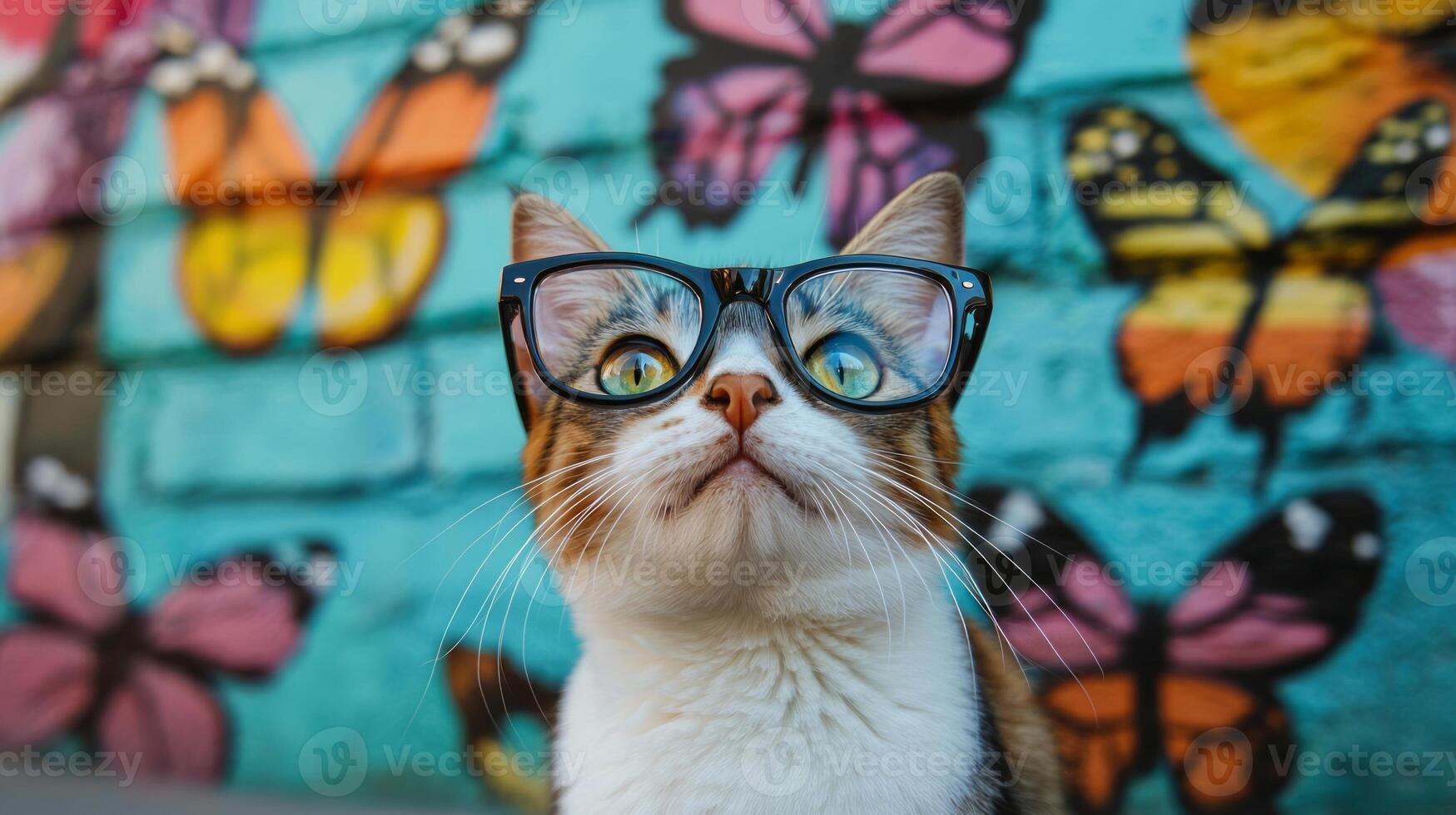 A cat wearing glasses and looking up at butterflies photo