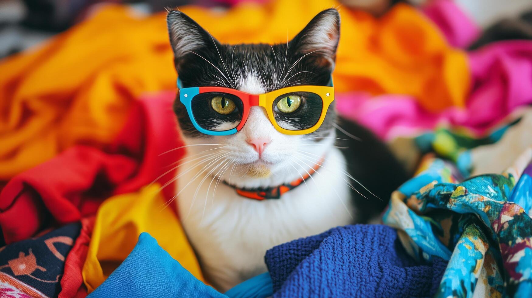 A cat wearing sunglasses and sitting on a pile of clothes photo