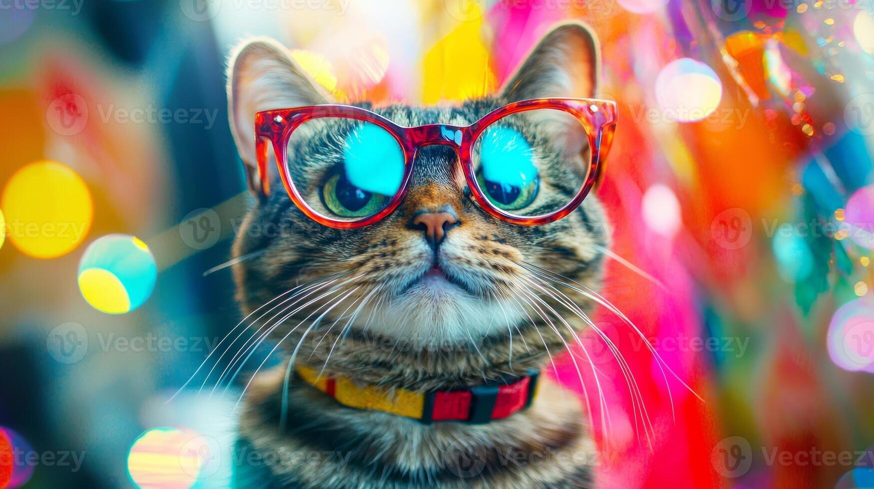 A cat wearing glasses and looking up at the camera photo