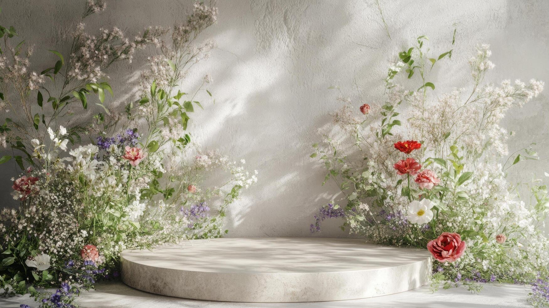 A flower arrangement on a white pedestal photo