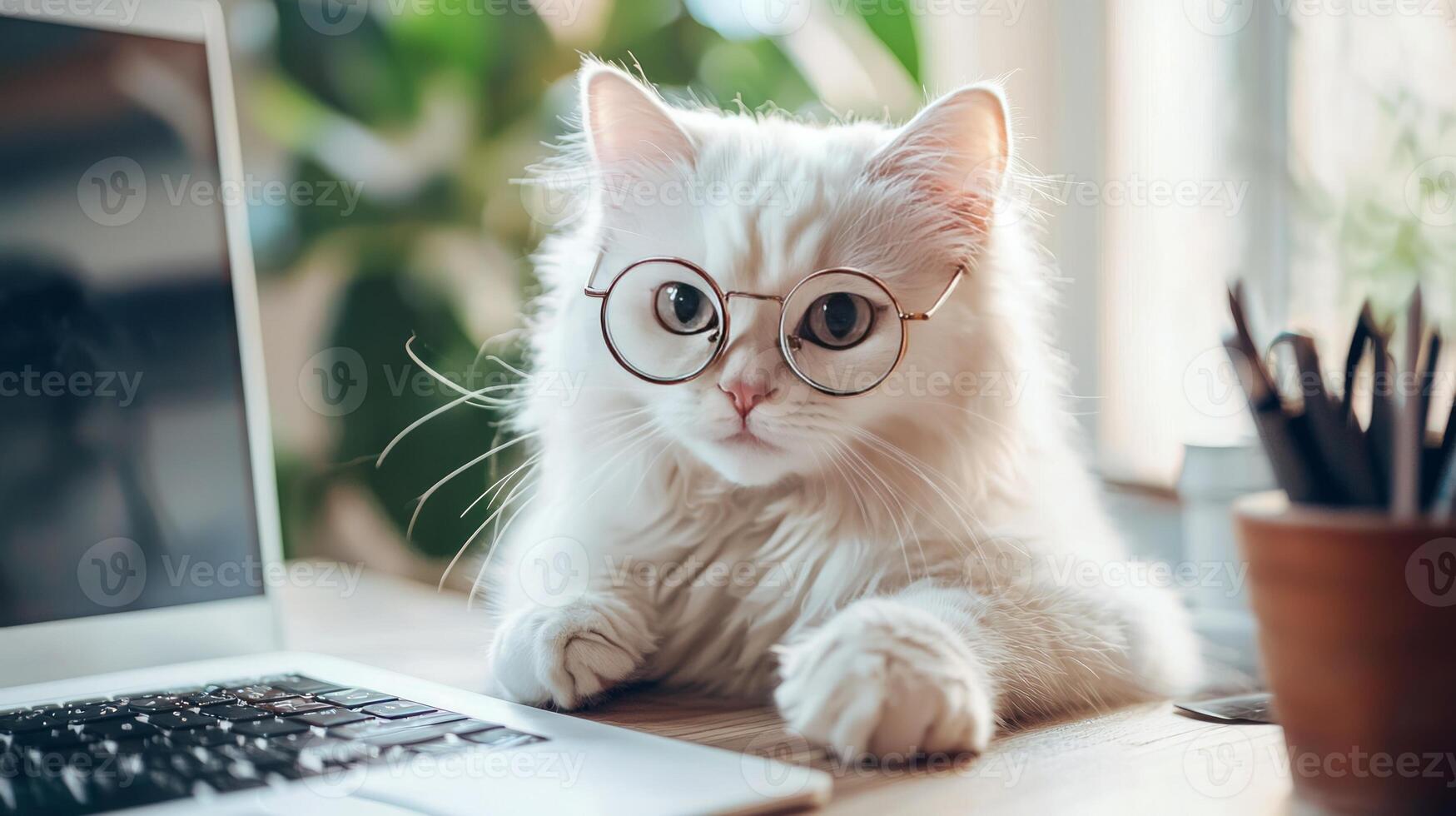 A white cat wearing glasses sitting in front of a laptop photo