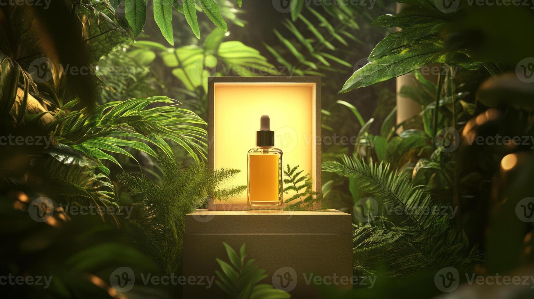 A bottle of perfume sits on a box surrounded by plants photo