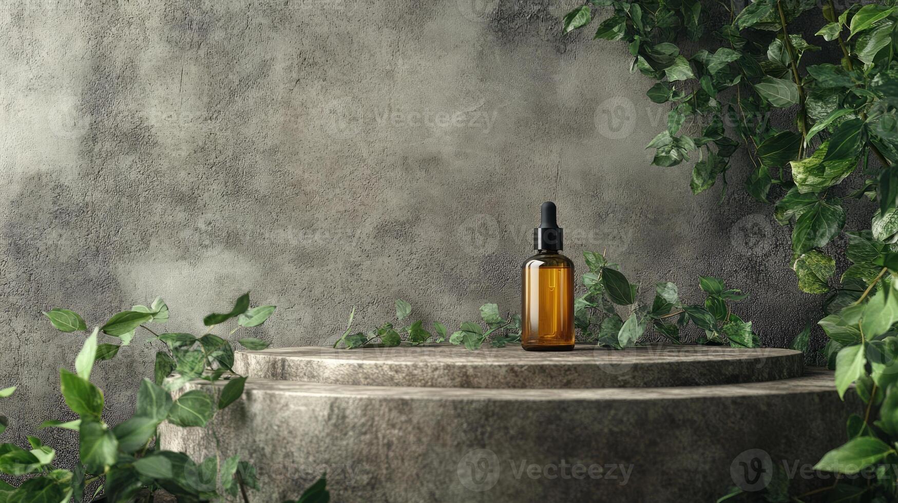 A bottle of essential oil sits on a concrete pedestal surrounded by plants photo