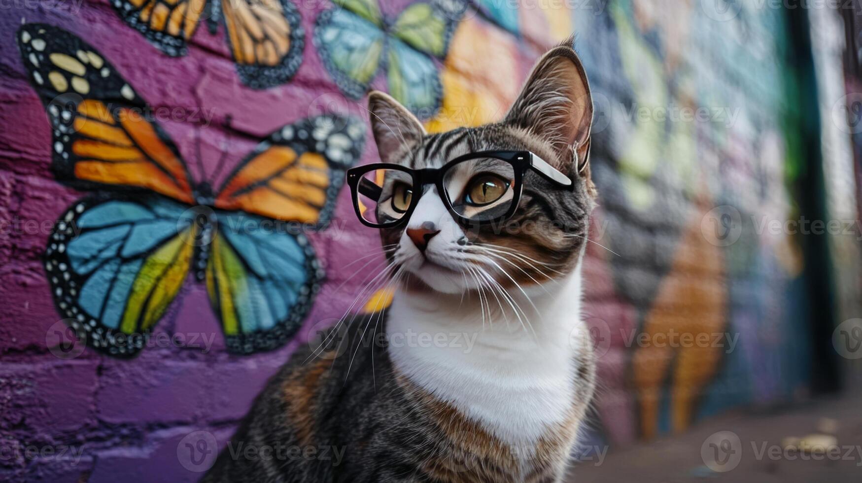 A cat wearing glasses and standing in front of a colorful wall photo