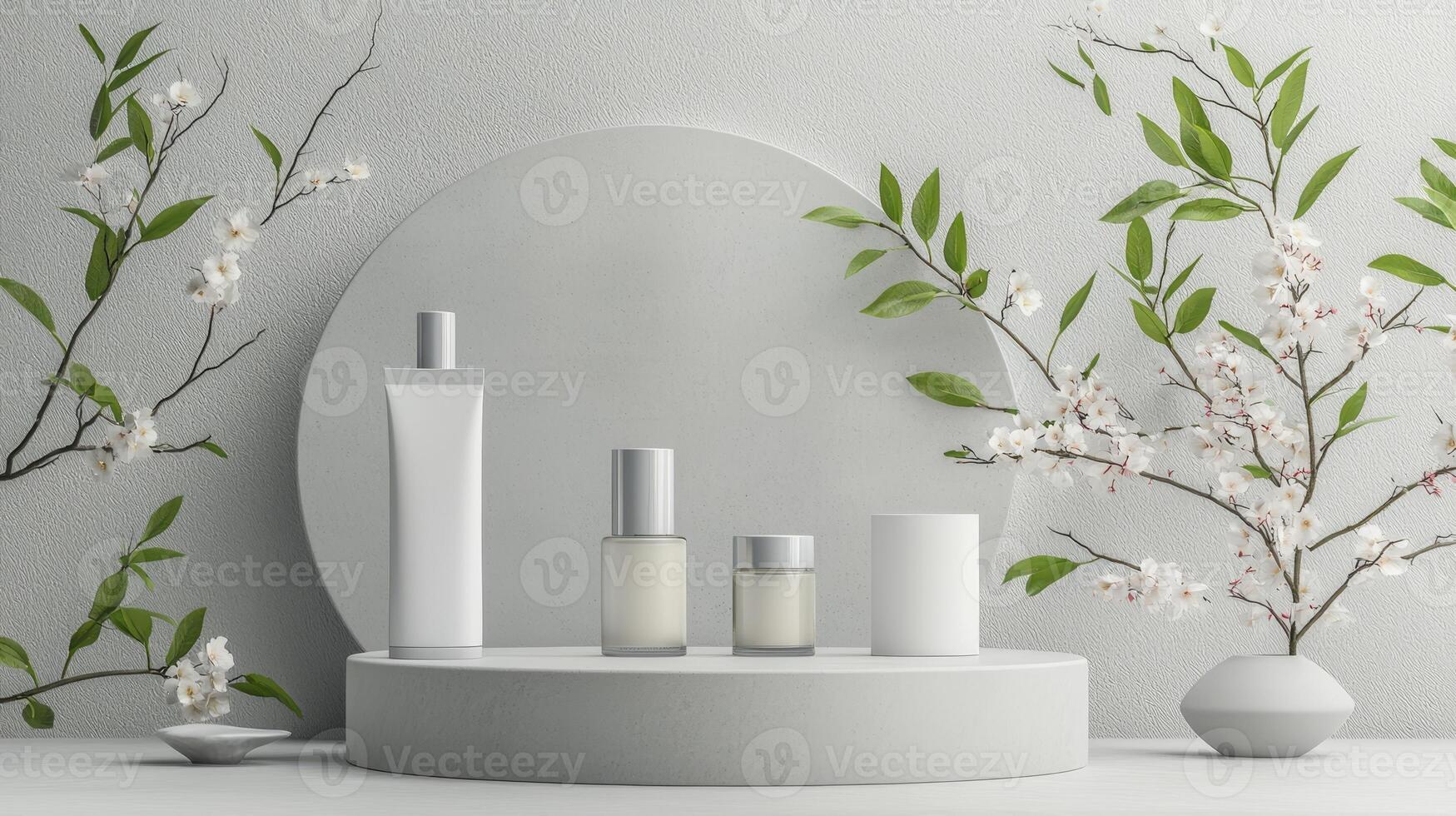 A white table with a mirror, a bottle of perfume and a branch of cherry blossom photo