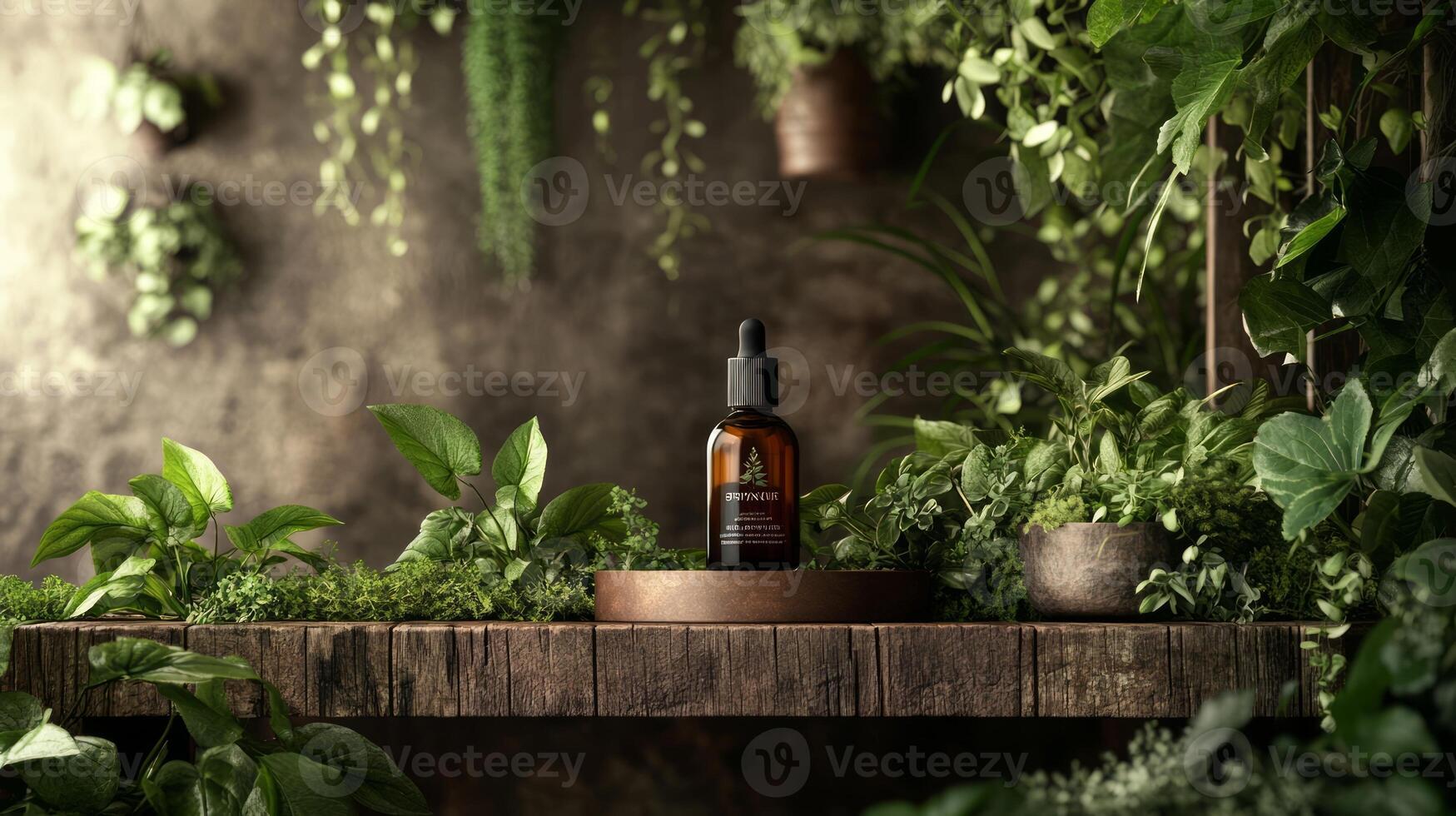 A bottle of oil sits on a wooden table surrounded by plants photo
