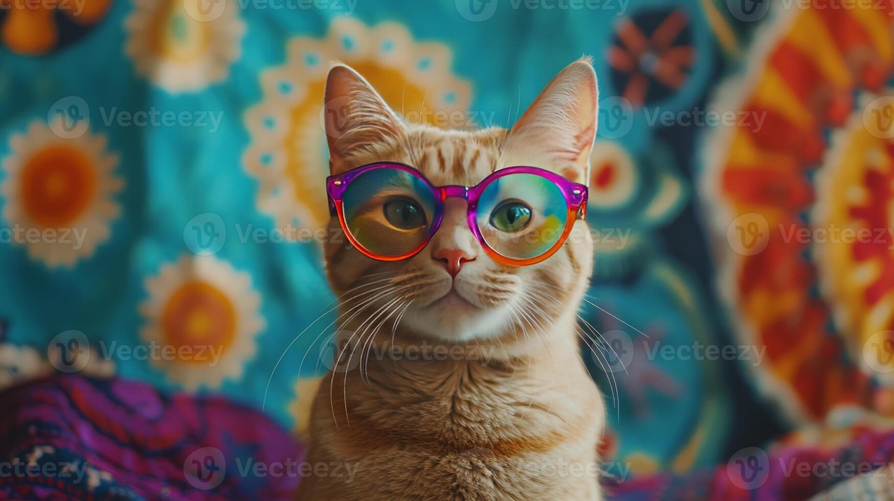 A cat wearing colorful glasses on a colorful background photo