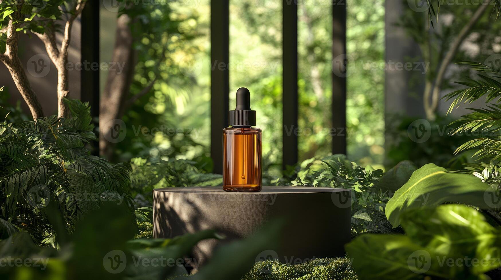 A bottle of essential oil sitting on a table surrounded by plants photo