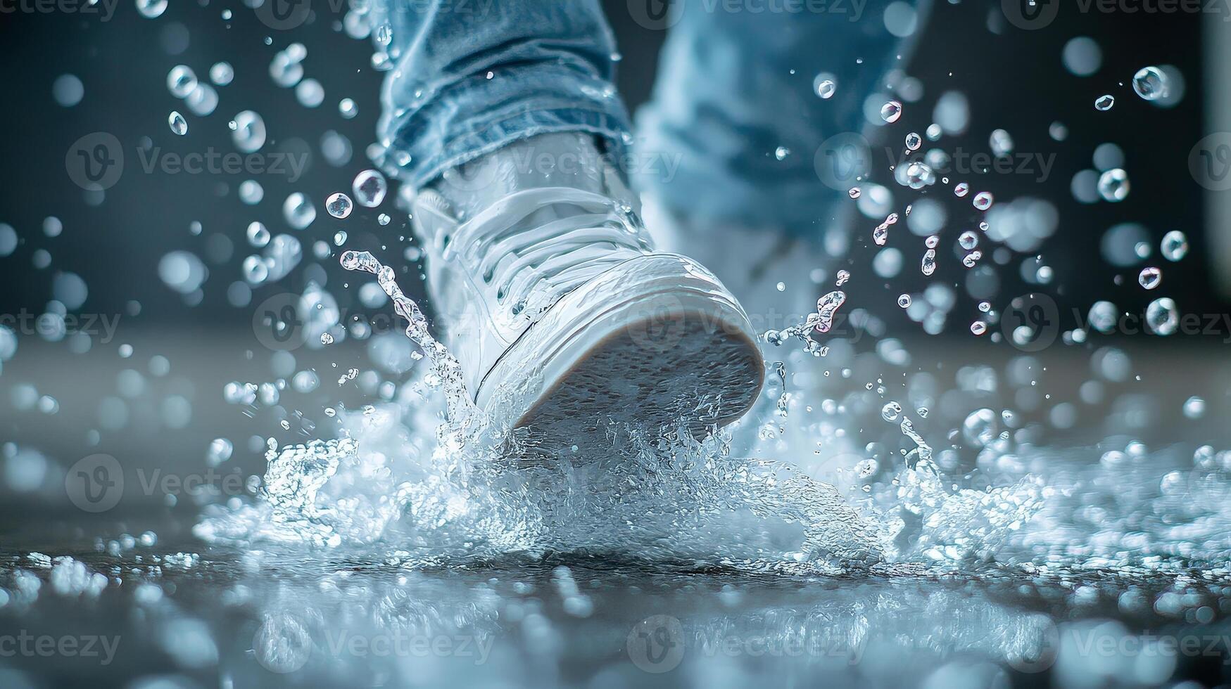 Close-up of a foot splashing in a puddle while wearing white sneakers photo