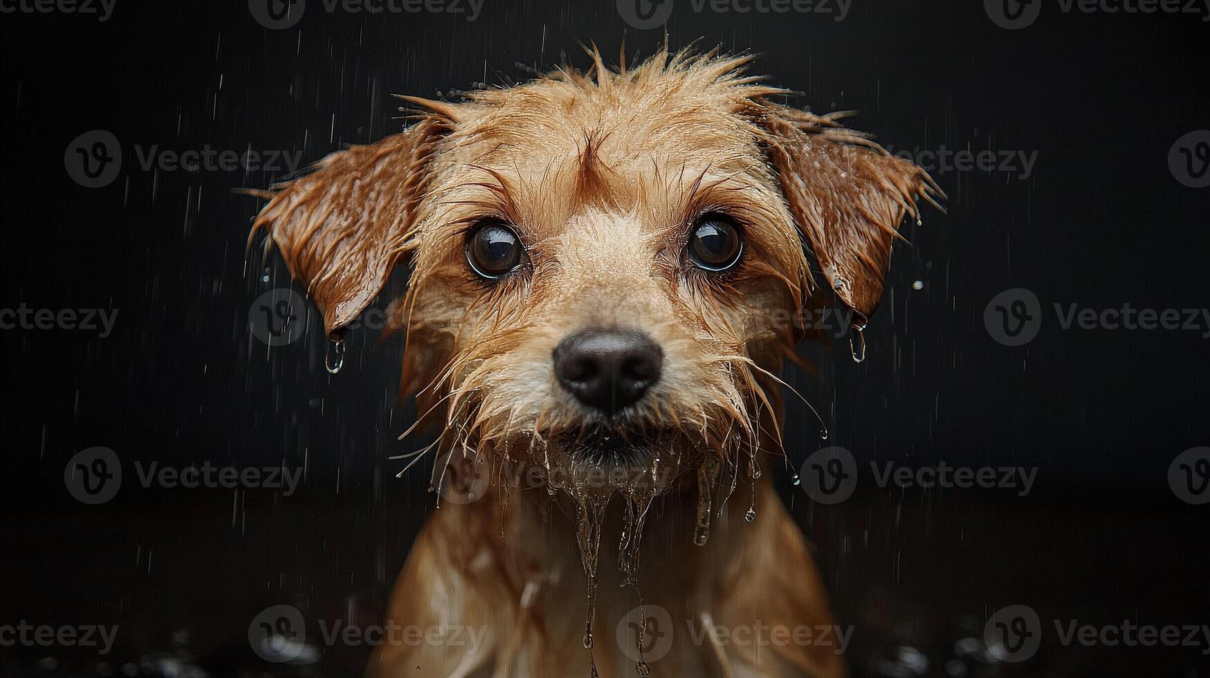 Wet brown puppy shivering in the rain on black background photo