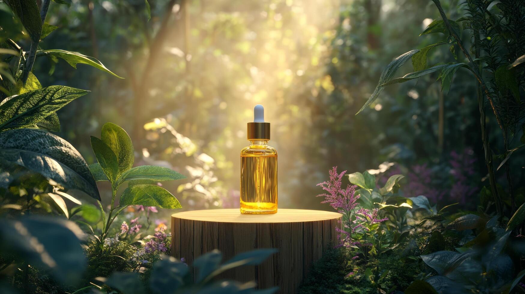 A bottle of essential oil is sitting on a stump in the middle of a forest photo