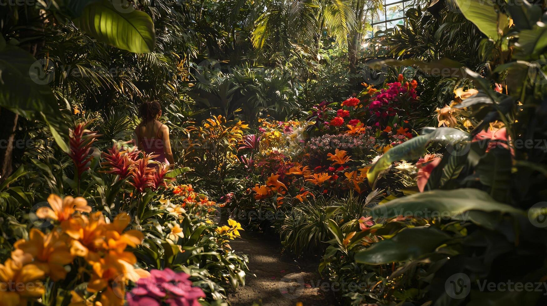 A woman is walking through a tropical garden photo