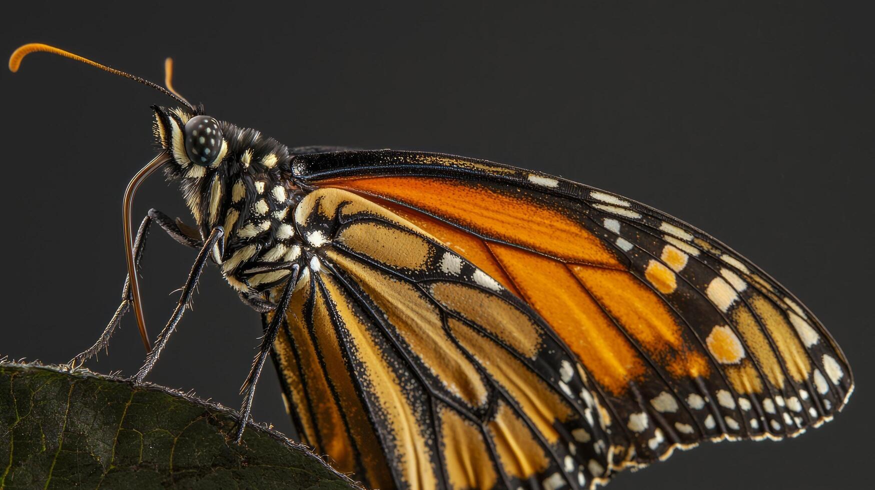 A monarch butterfly is perched on a leaf photo