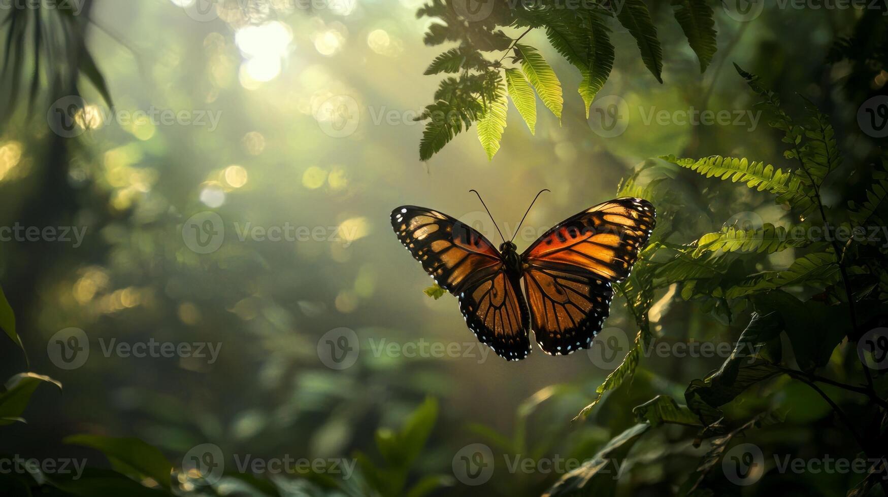 A monarch butterfly is flying through the jungle photo