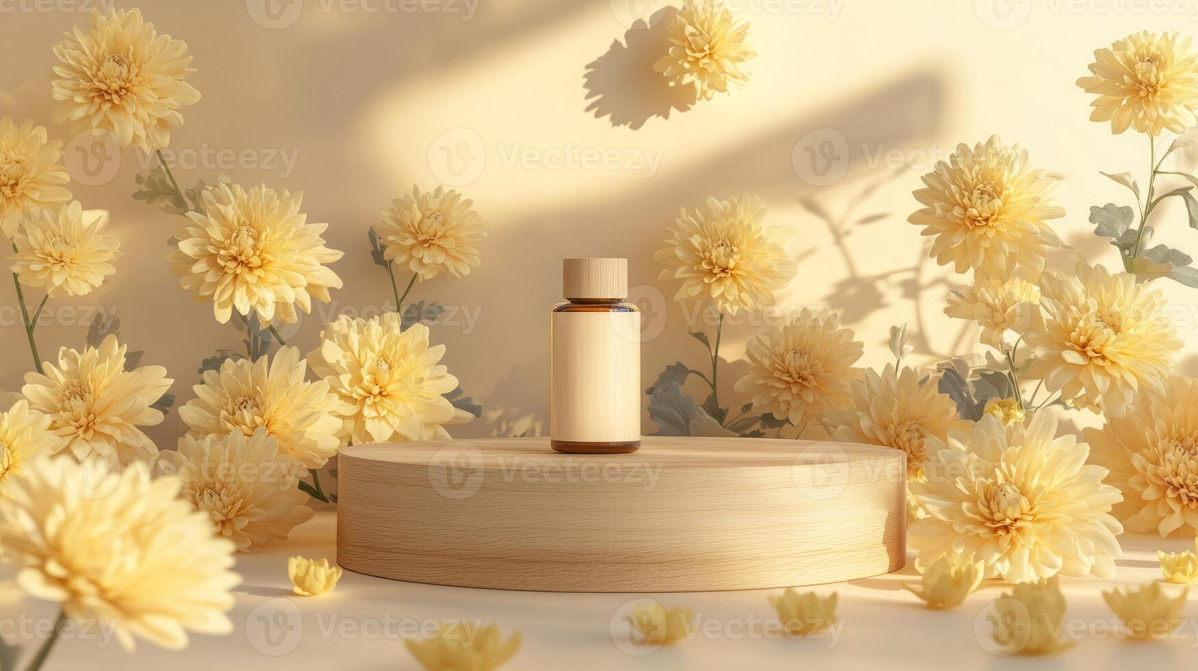A bottle of essential oil is surrounded by yellow flowers photo