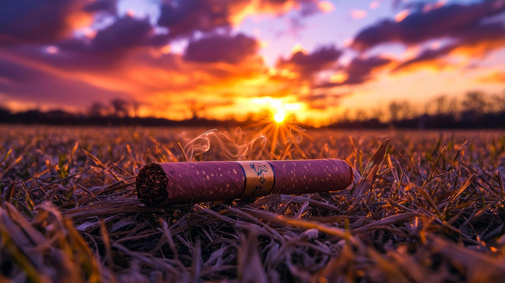 A cigarette sits in a field with the sun setting behind it photo