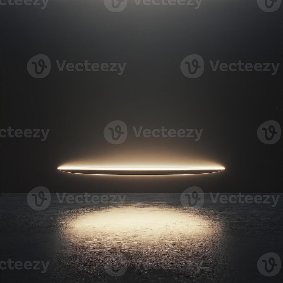Bright neon light illuminating dark empty room with reflective floor photo