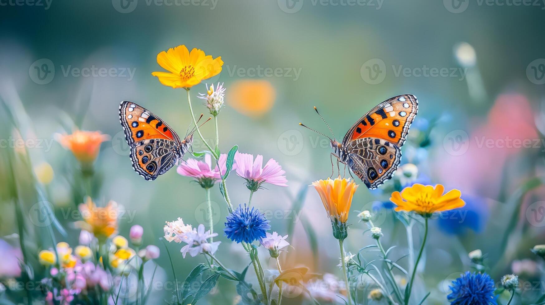 Two butterflies are sitting on a field of flowers photo