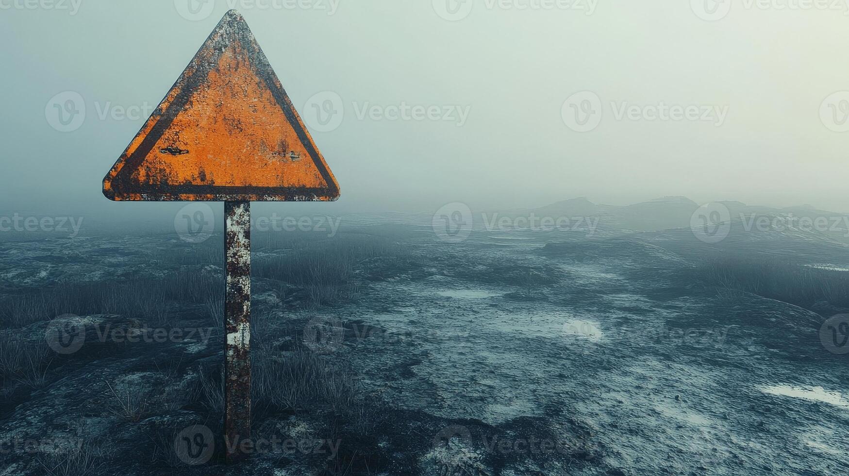 Rusty warning sign standing in desolate landscape showing environmental damage photo