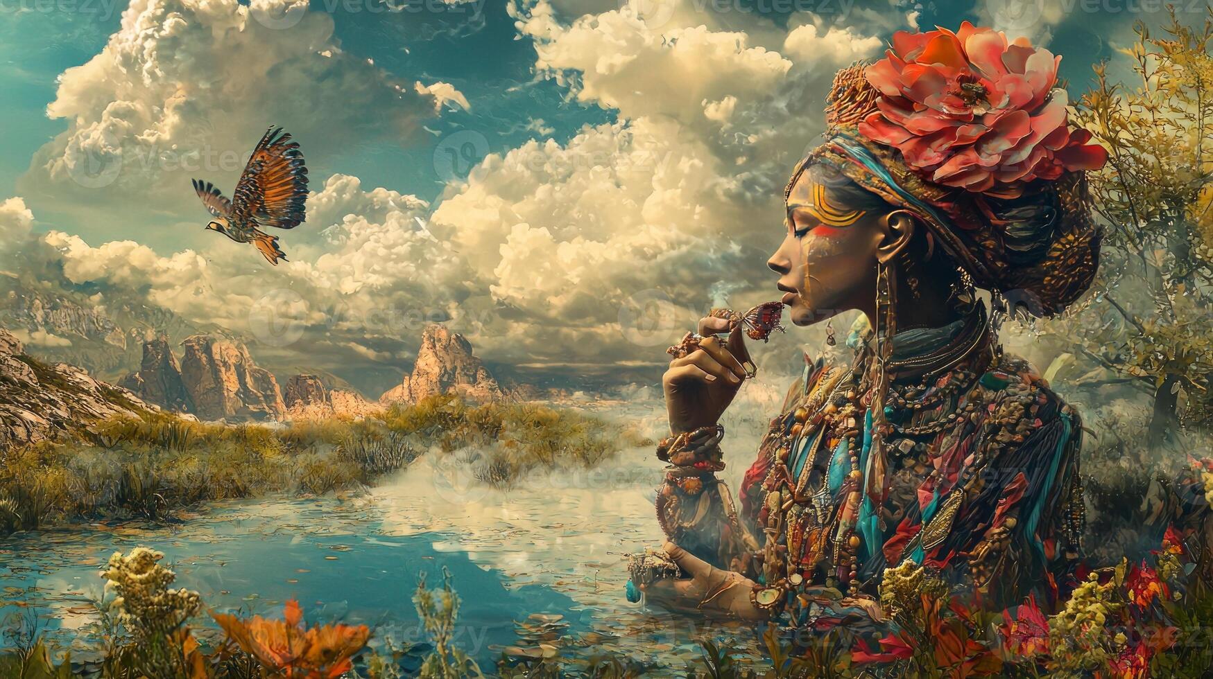 A woman in a colorful dress is standing in front of a lake with birds flying around her photo