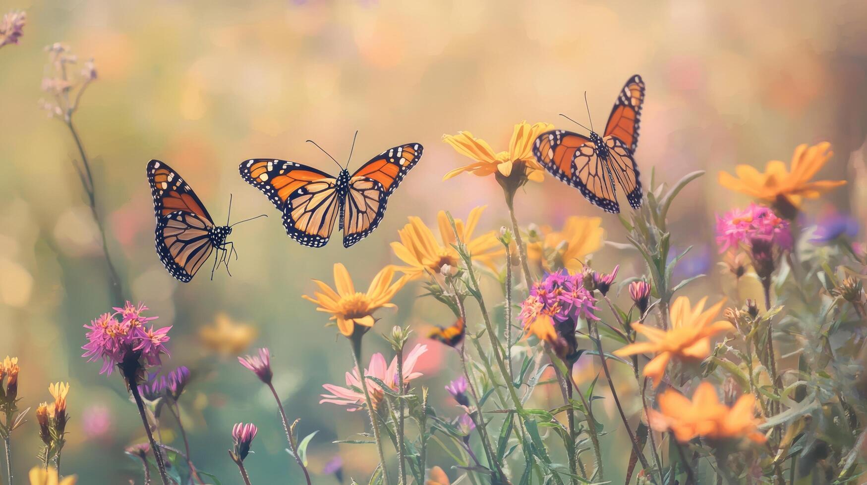 Butterflies in a field of flowers photo