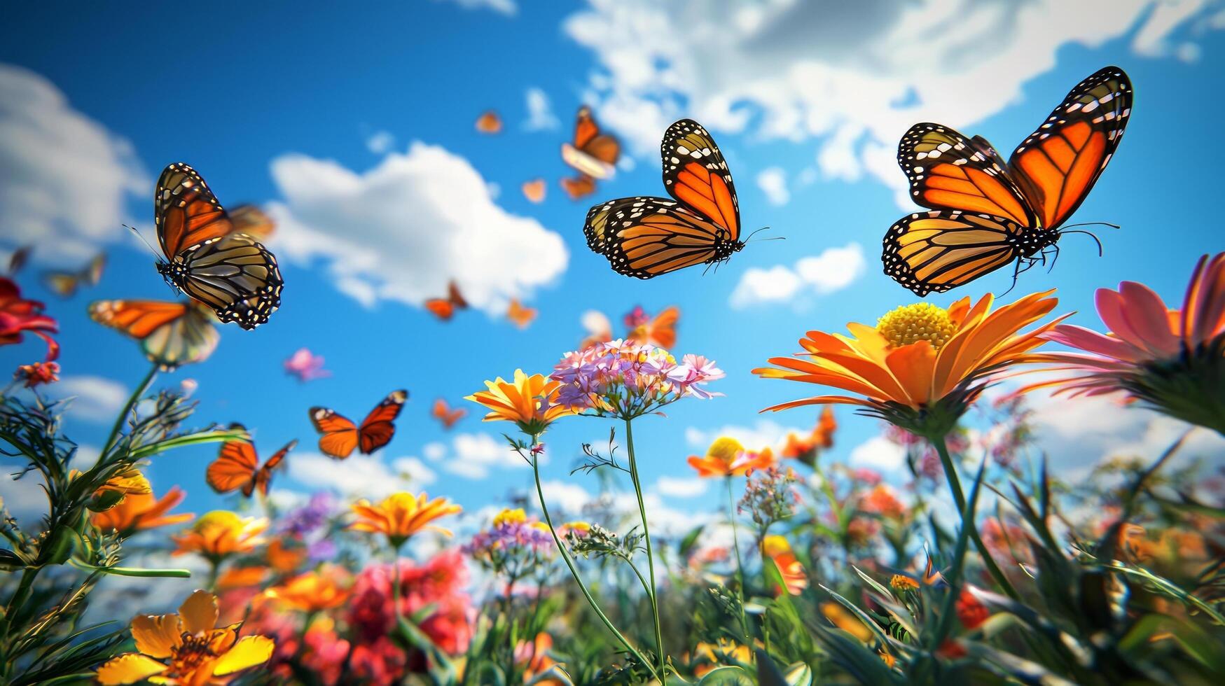 Butterflies flying over a field of flowers photo