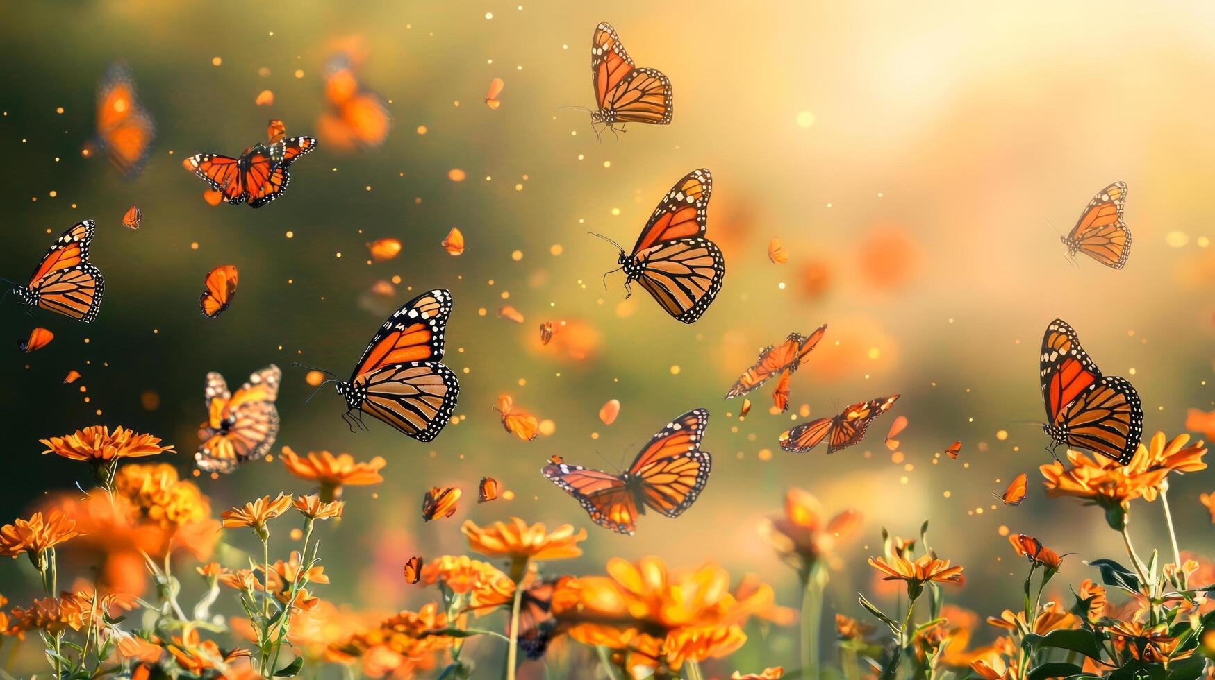 Butterflies flying over flowers in the sun photo