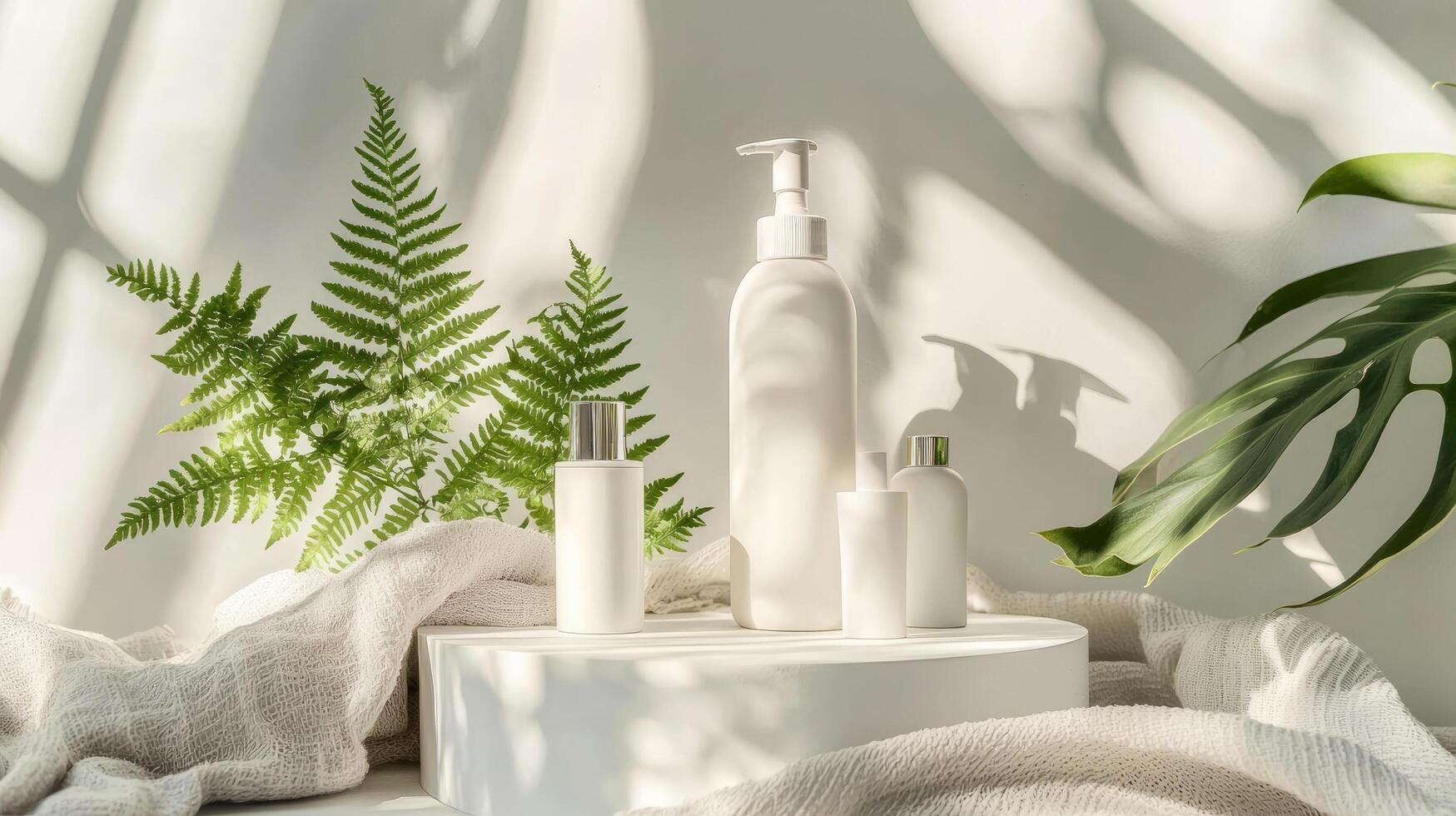 White cosmetic products on a table with ferns photo