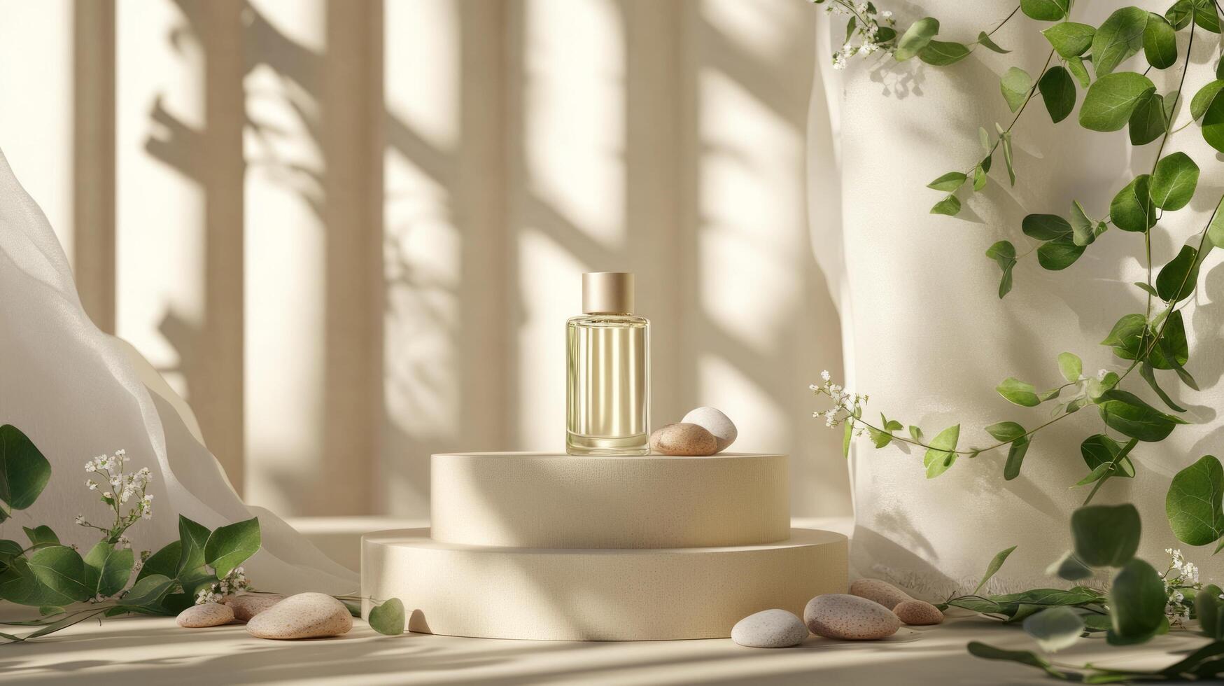 A bottle of perfume sits on a pedestal surrounded by leaves photo