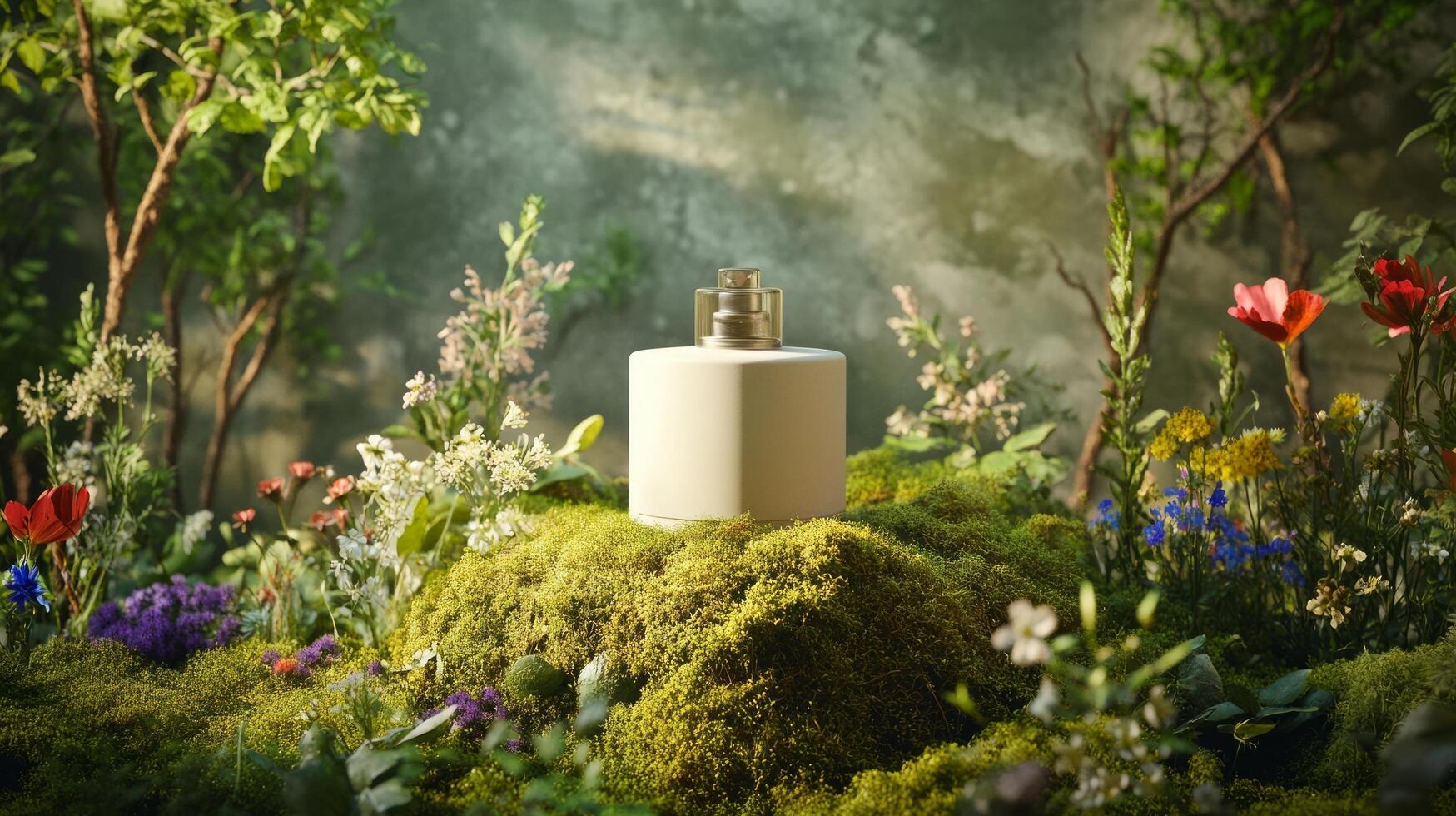 A bottle of perfume sitting on top of a moss covered hill photo