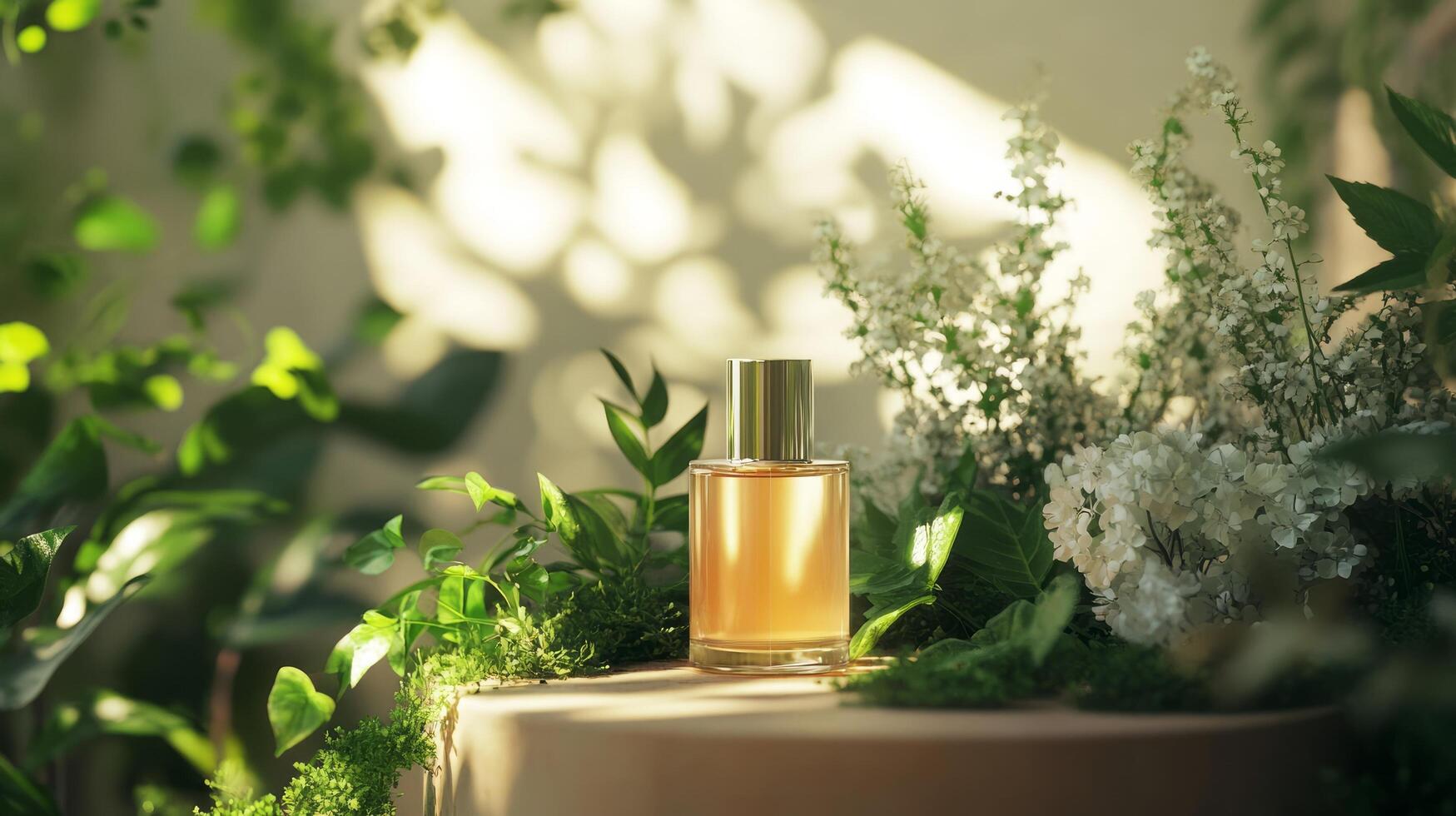 A bottle of perfume sits on a wooden table surrounded by plants photo