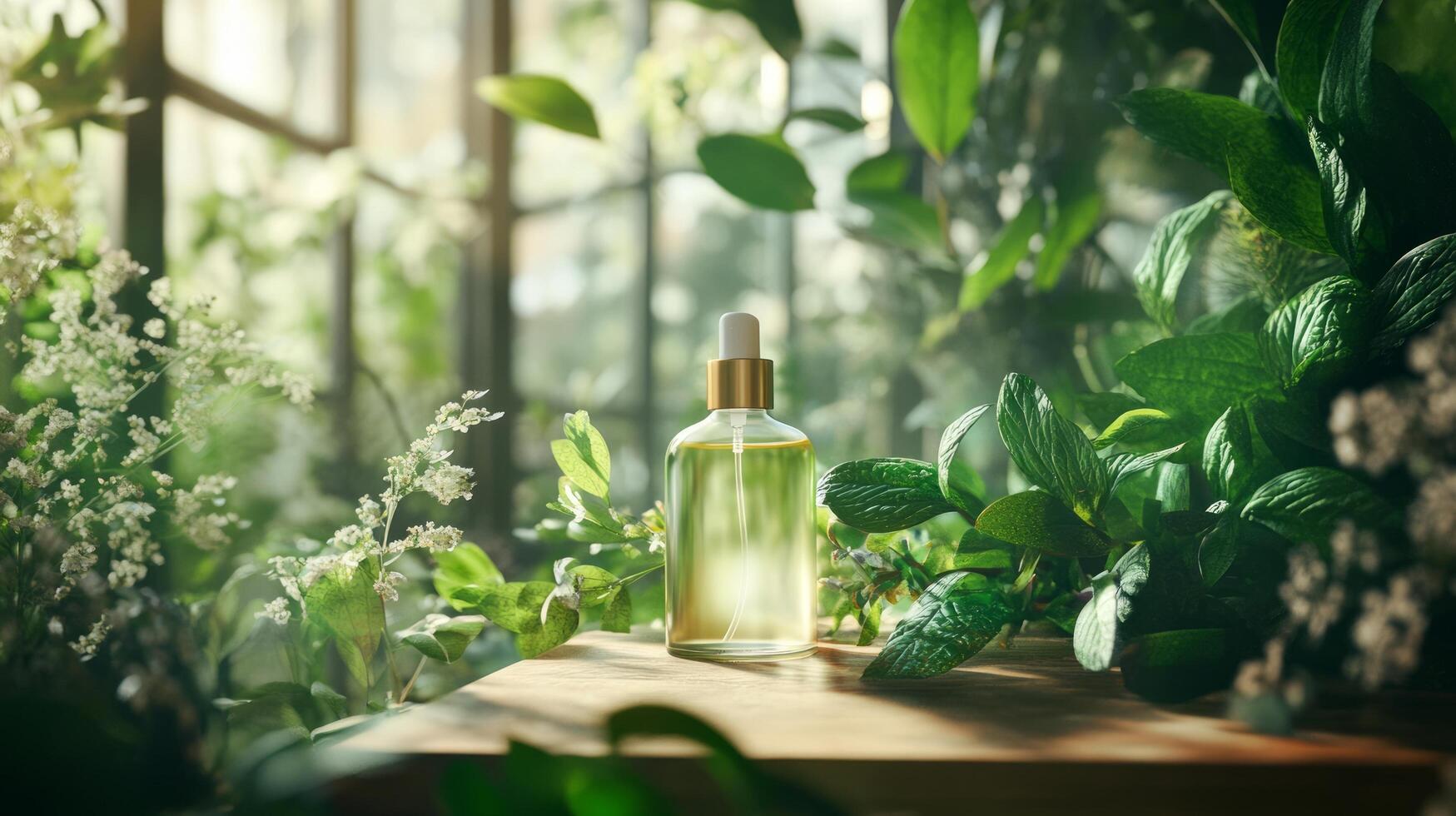 A bottle of essential oil sits on a table surrounded by plants photo