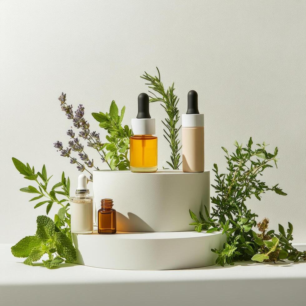 Herbs and oils on a white cake photo