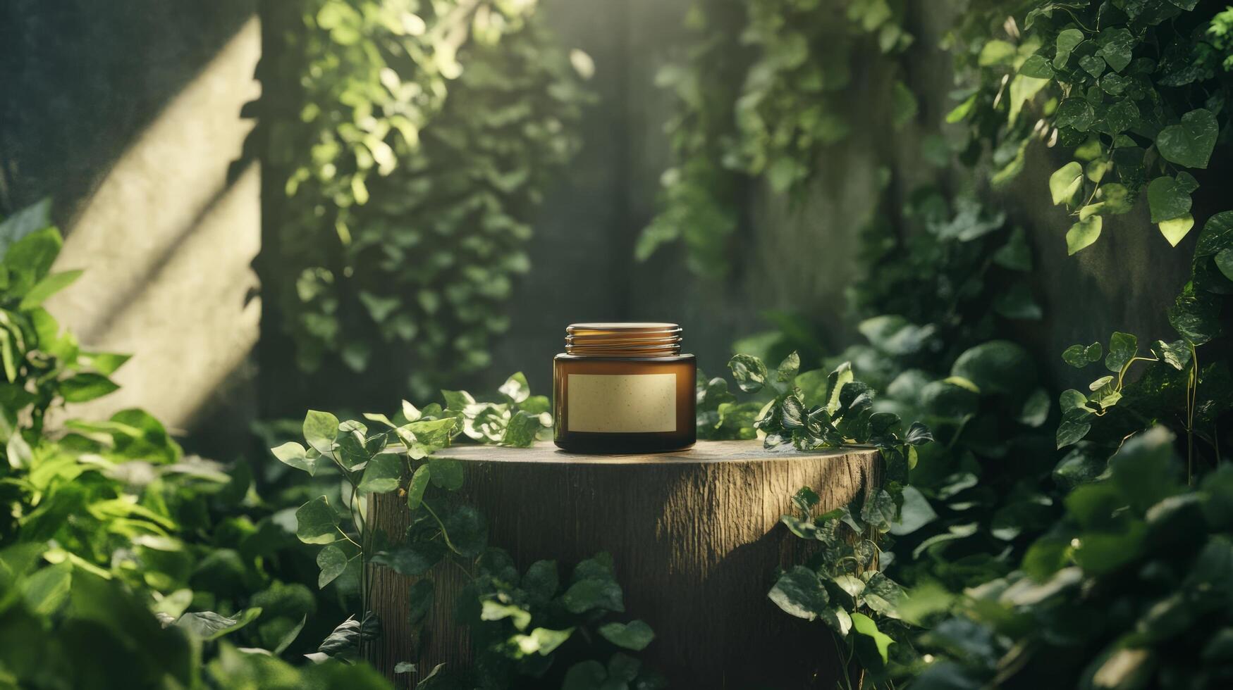 A jar of oil sits on a stump surrounded by plants photo