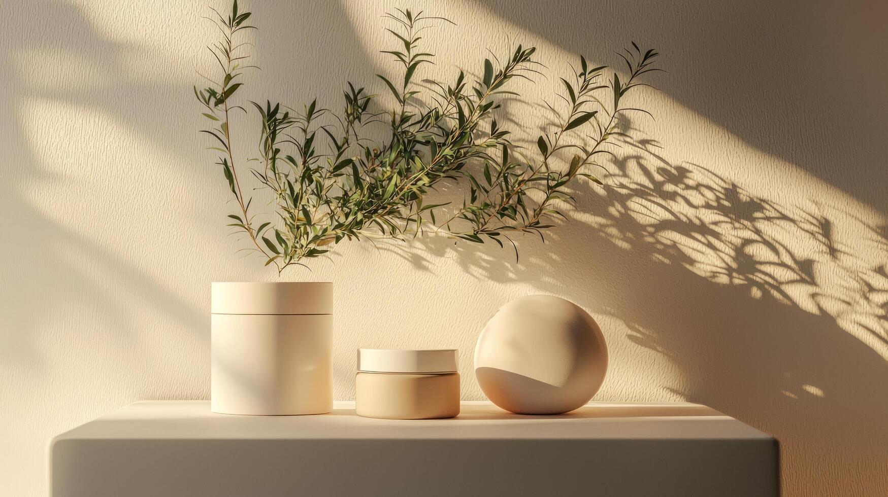 A vase with a plant on it and two white containers photo
