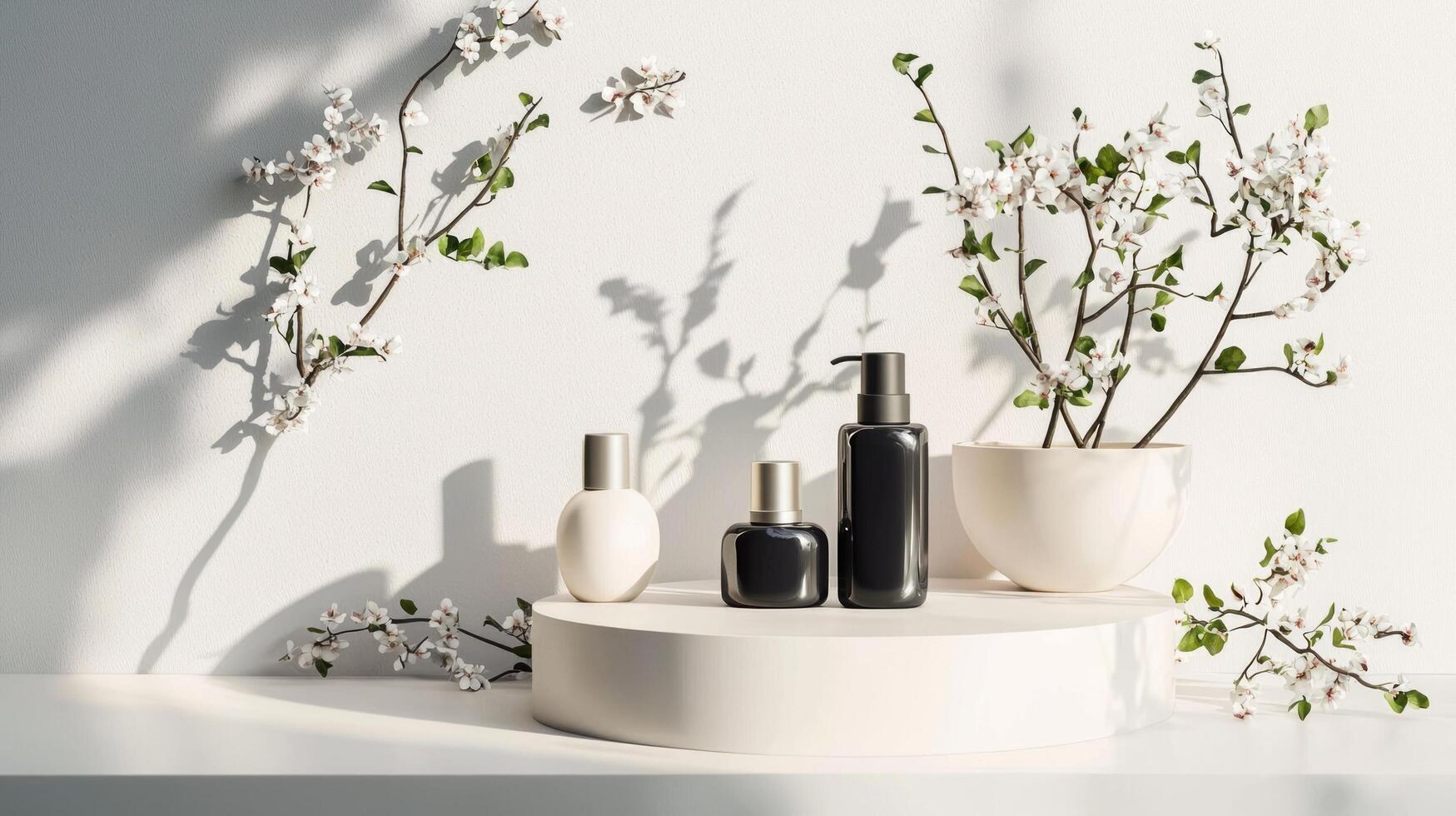 Three bottles of perfume and a white vase with branches photo