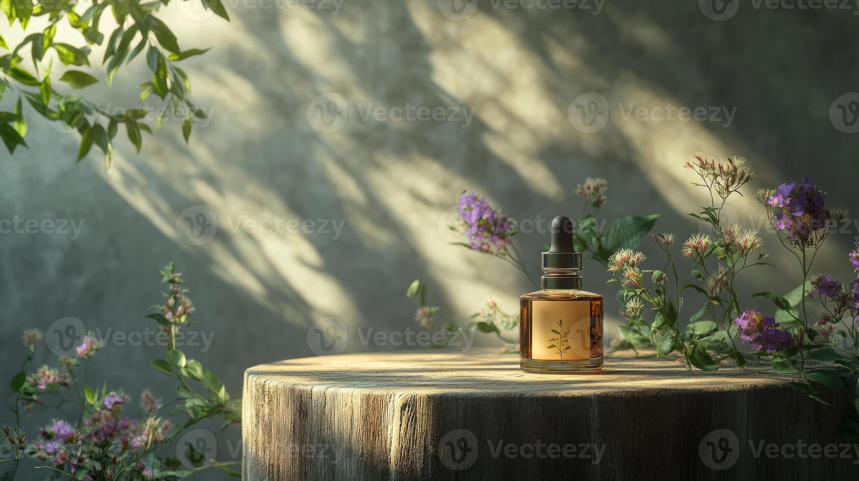 A bottle of oil sits on a stump in front of some flowers photo