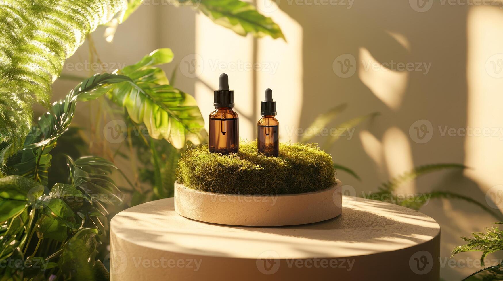 Two bottles of essential oils sit on a table in front of plants photo