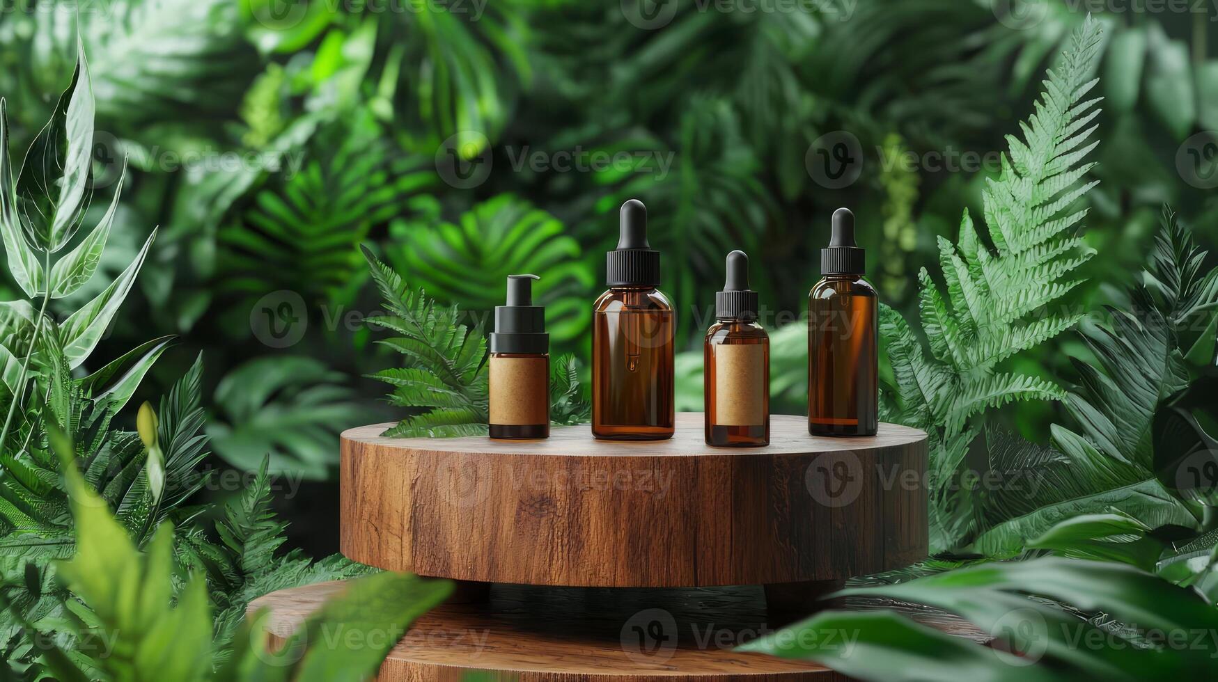 Three bottles of essential oils on a wooden stand surrounded by tropical plants photo