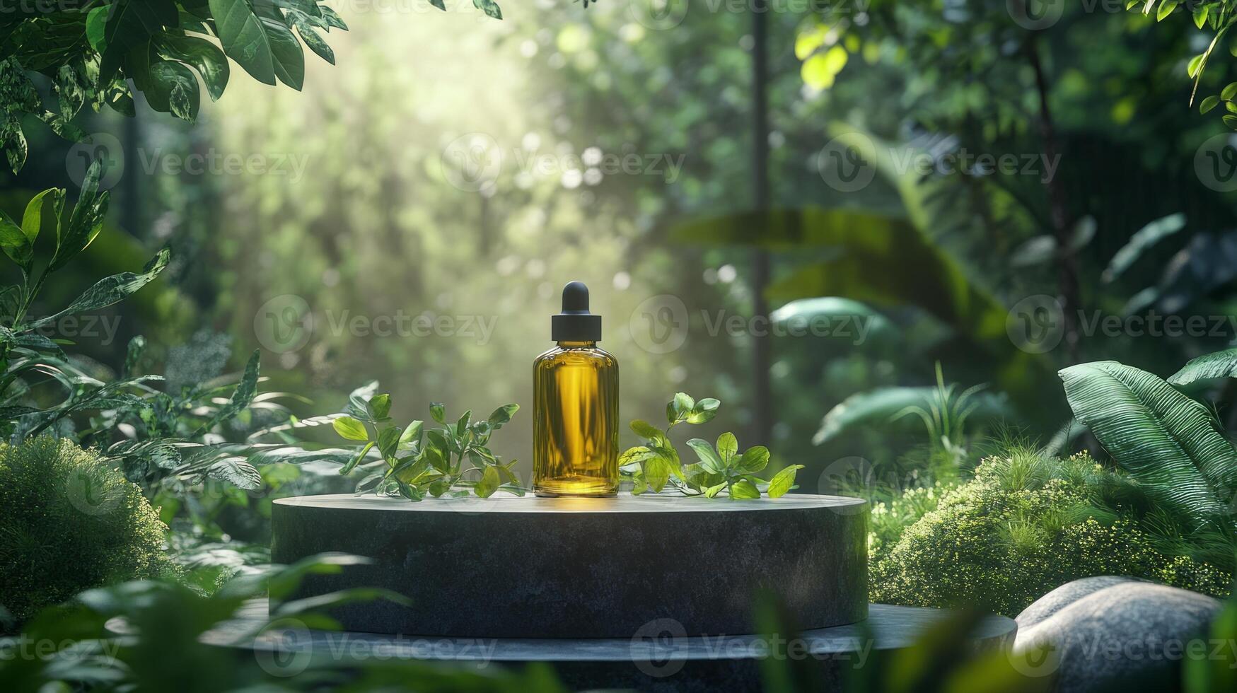 A bottle of essential oil is sitting on a stone table surrounded by plants photo