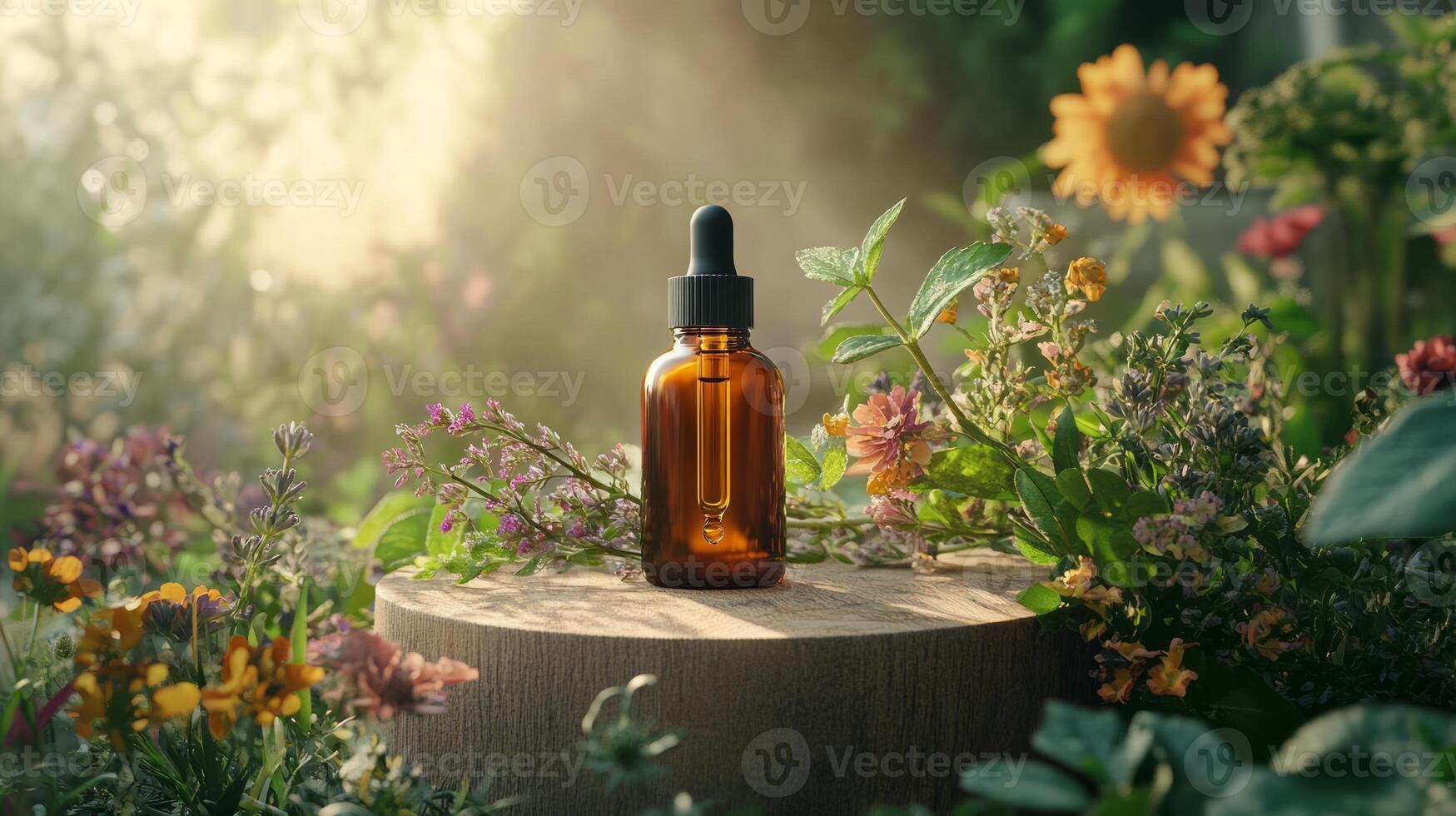 A bottle of essential oil sits on a wooden stump surrounded by flowers photo