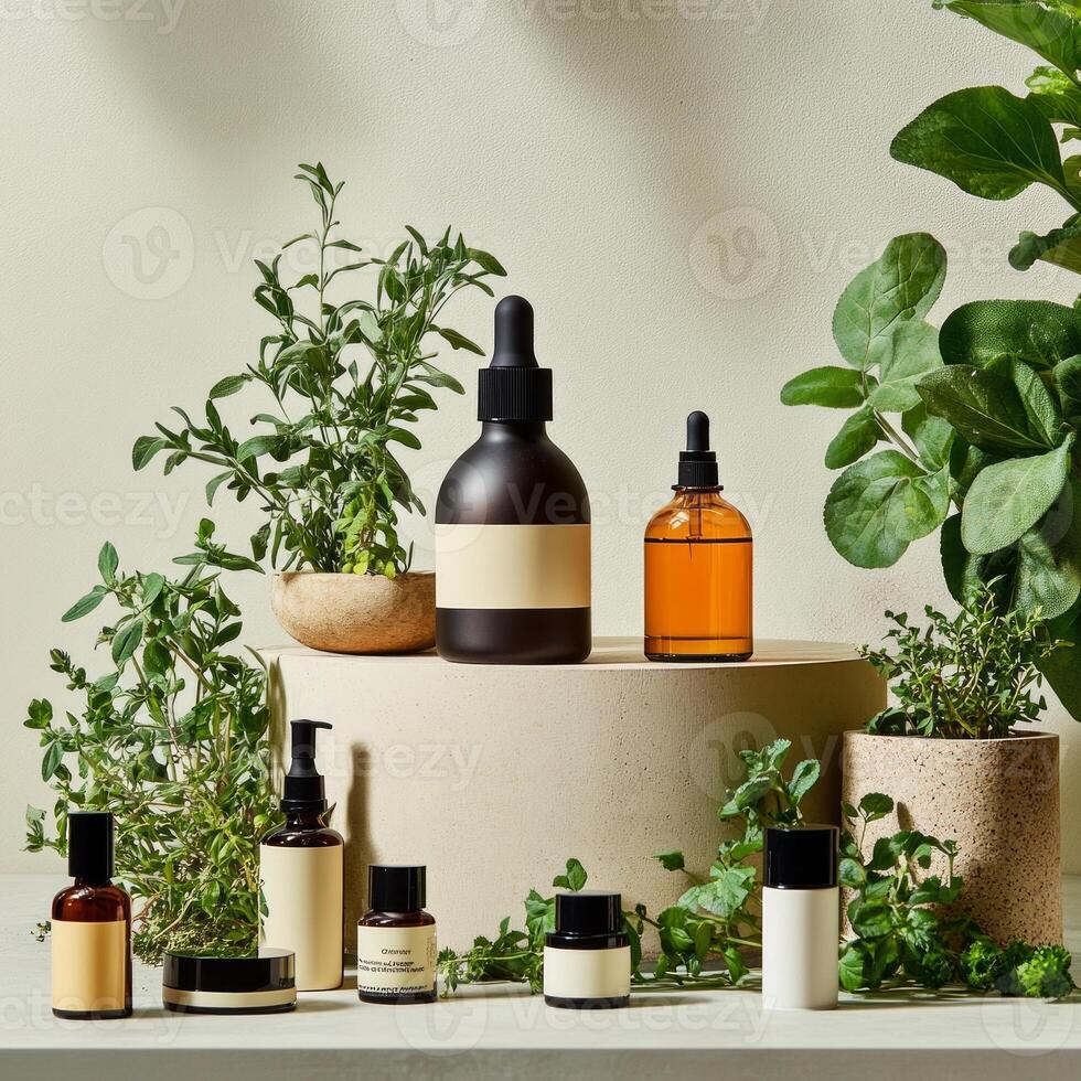 A variety of products including oils, lotions and herbs photo