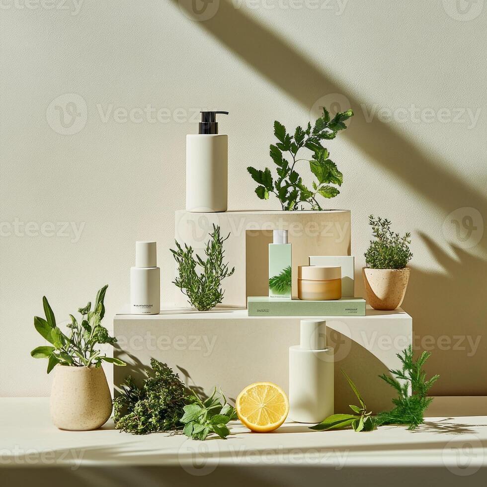 A display of products with herbs and lemons photo