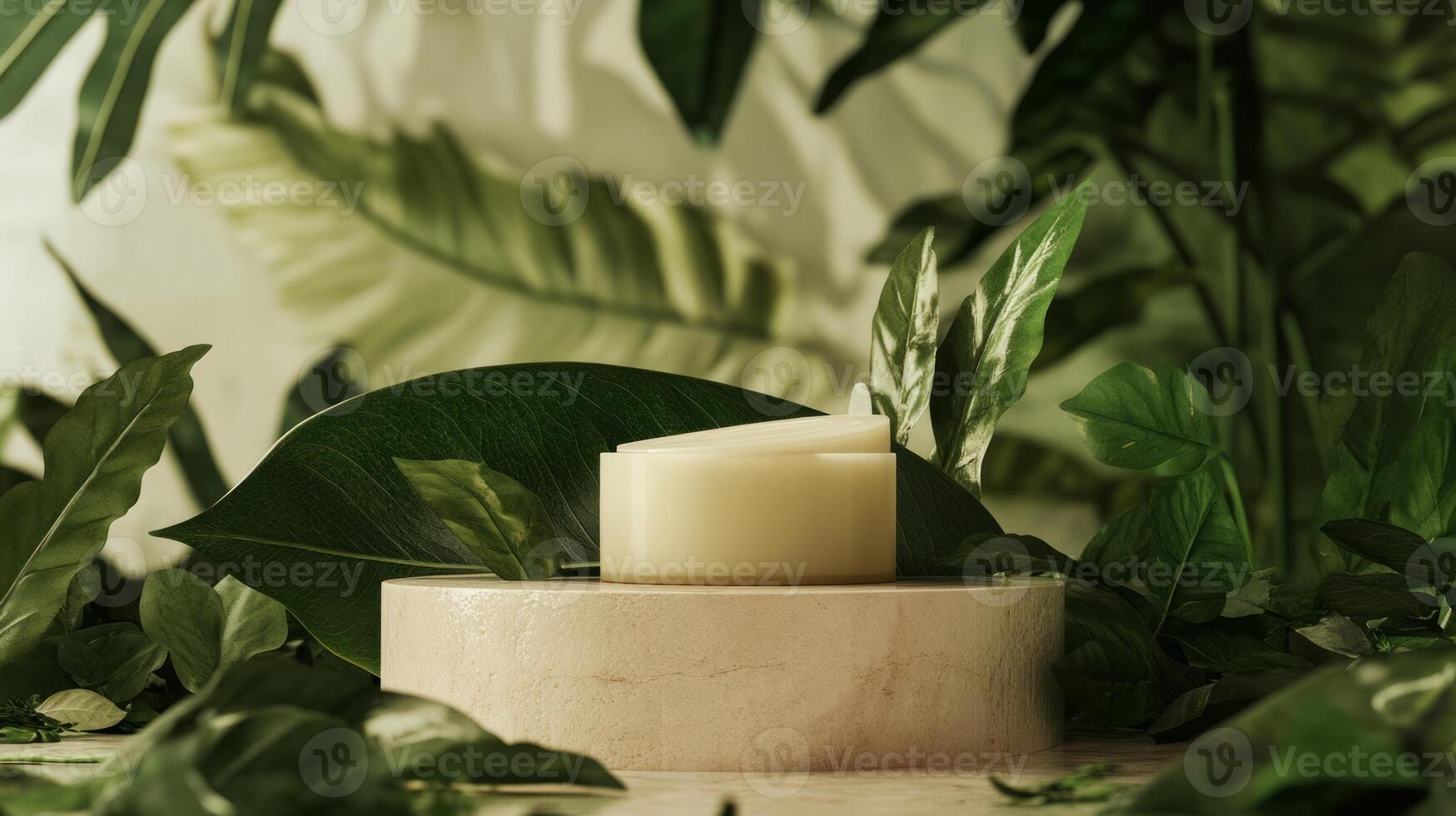 A candle sitting on top of a marble pedestal surrounded by green plants photo