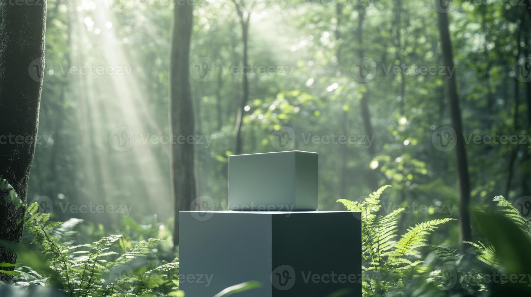 A cube sitting in the middle of a forest photo