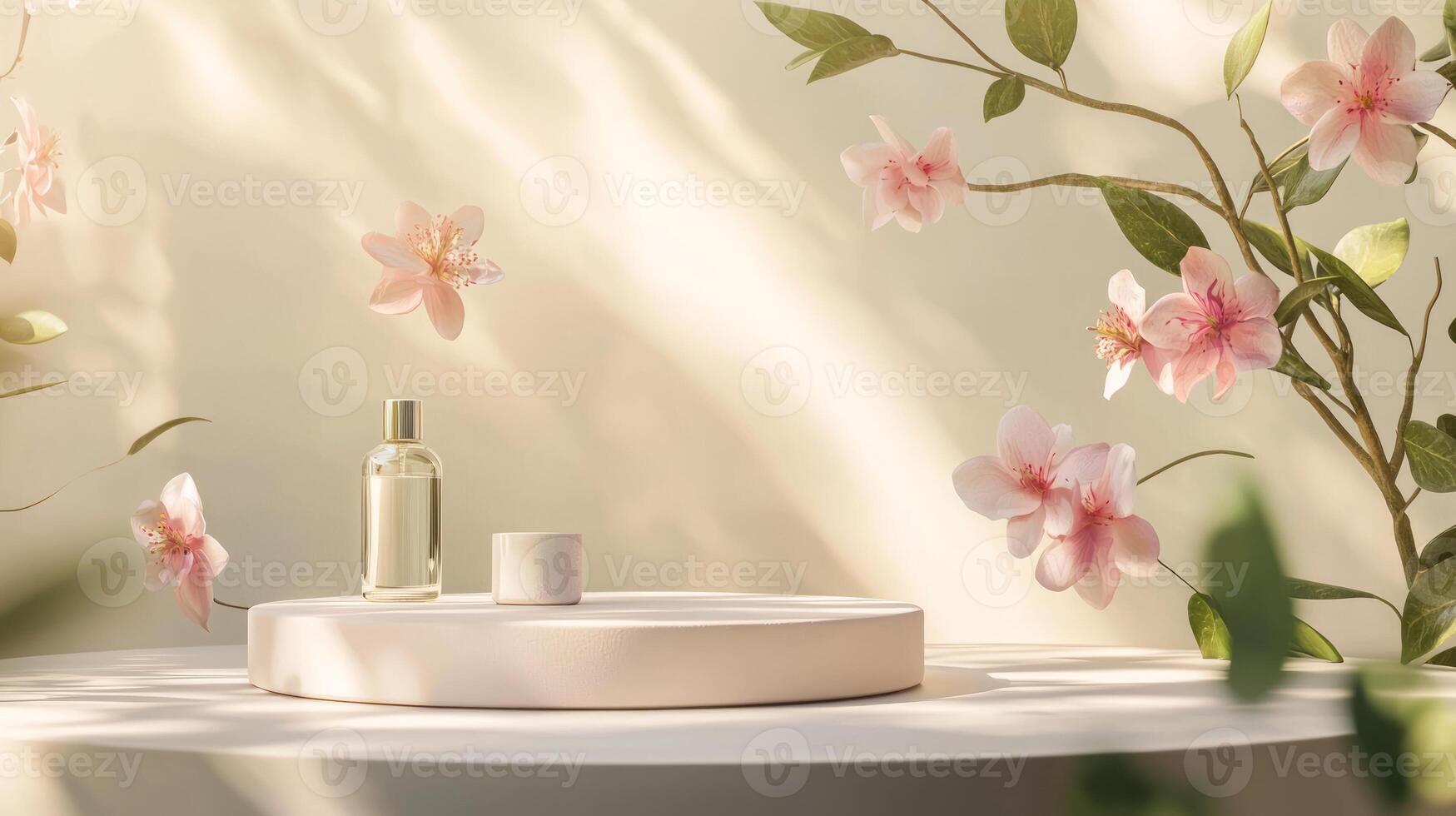 A white table with a bottle of perfume and flowers photo