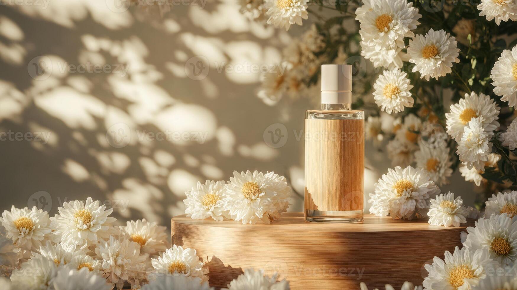 A bottle of perfume sits on top of a wooden table surrounded by white flowers photo