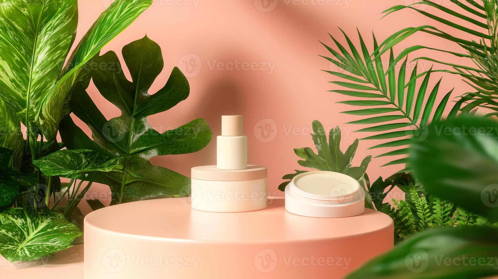 A container of cream and a plant on a pink background photo